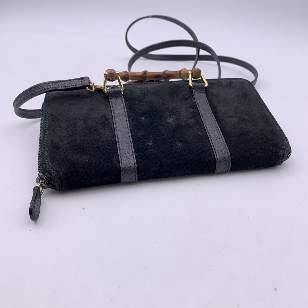 GUCCI Vintage Black Suede Bamboo Wallet On Chain Woc Crossbody
