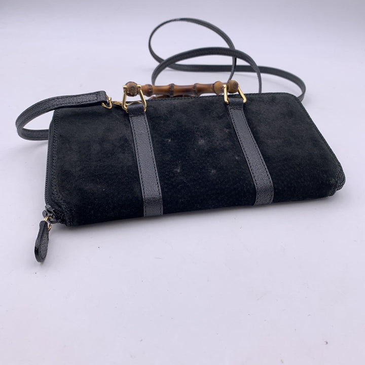 GUCCI Vintage Black Suede Bamboo Wallet On Chain Woc Crossbody
