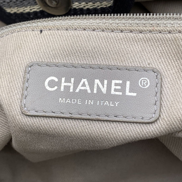 Chanel Black Grey Striped Canvas Medium Deauville Tote Bag