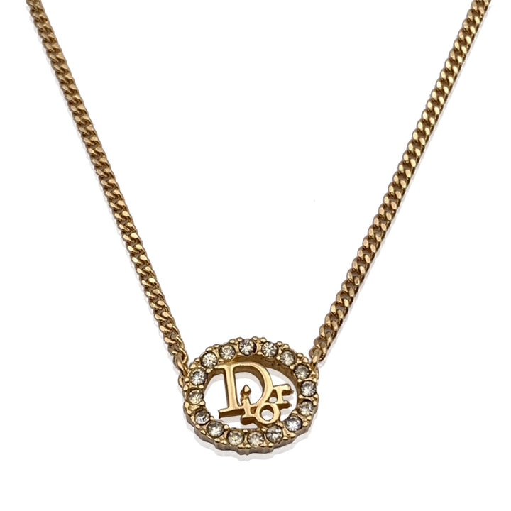 CHRISTIAN Dior Gold Metal Dior Oval Logo Rhinestones Necklace