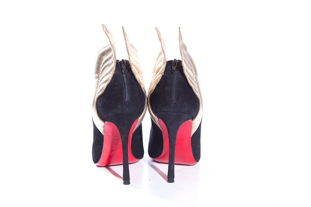 Christian Louboutin Black Suede & Gold Wing Heels SZ 36