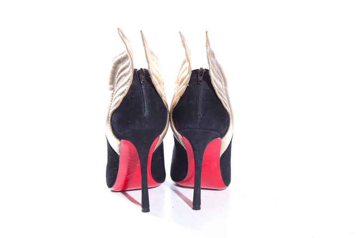 Christian Louboutin Black Suede & Gold Wing Heels SZ 36