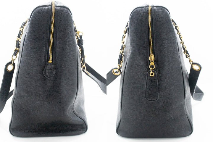 Chanel Caviar Big Large Chain Shoulder Bag Black Leather Gold Zip