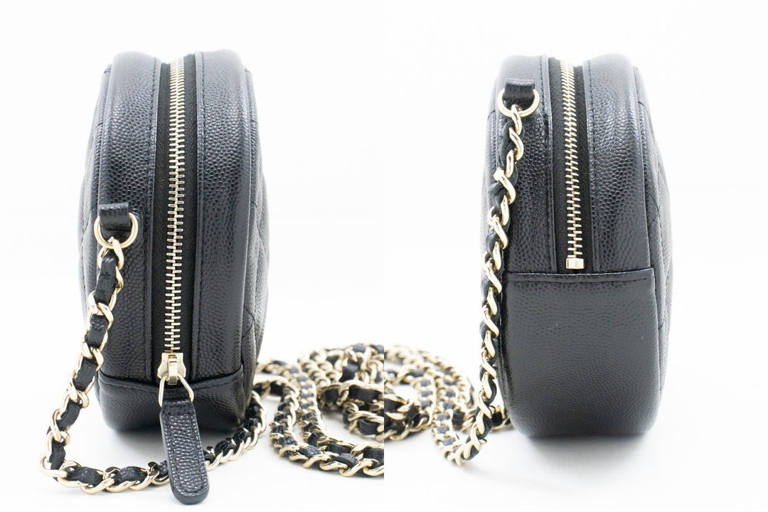 Chanel Round Zip Caviar Small Chain Shoulder Bag Black Quilted