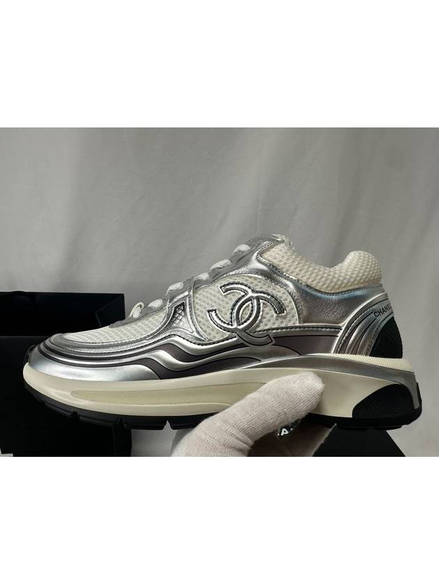 Fabric Laminated Low Top Sneakers Silver Chanel