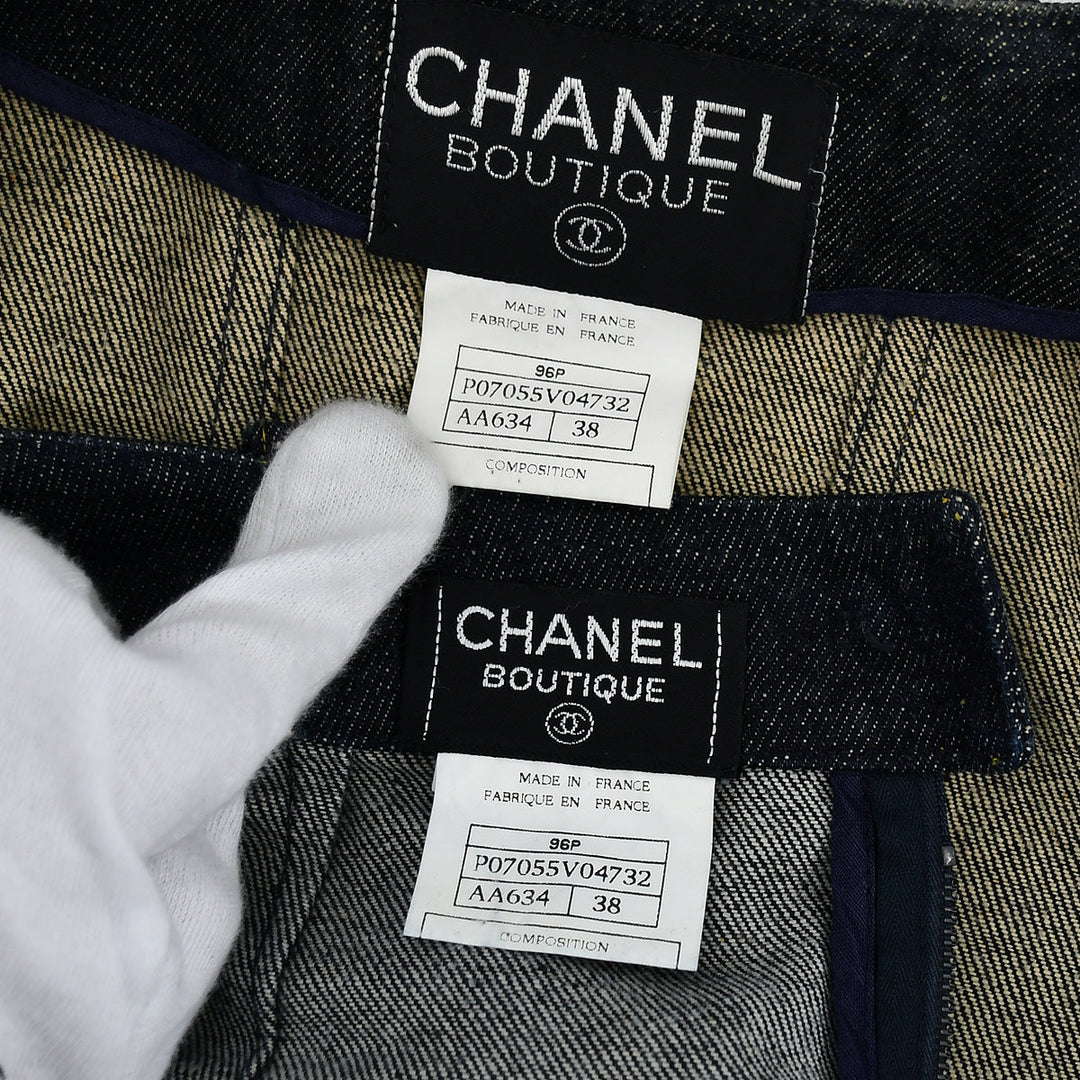 Top Quality Chanel Spring 1996 Setup Suit Collarless Jacket Skirt Denim Indigo #38