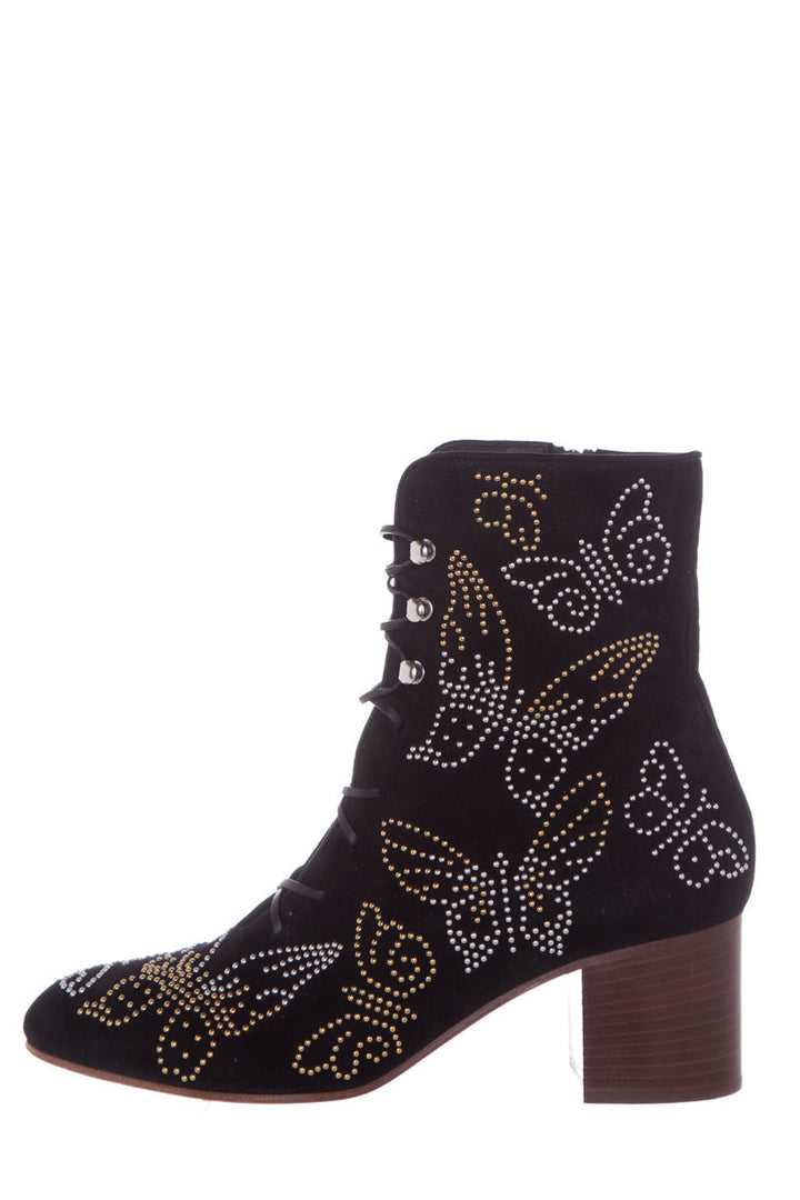 Valentino Black Butterfly Studded Suede Booties SZ 38