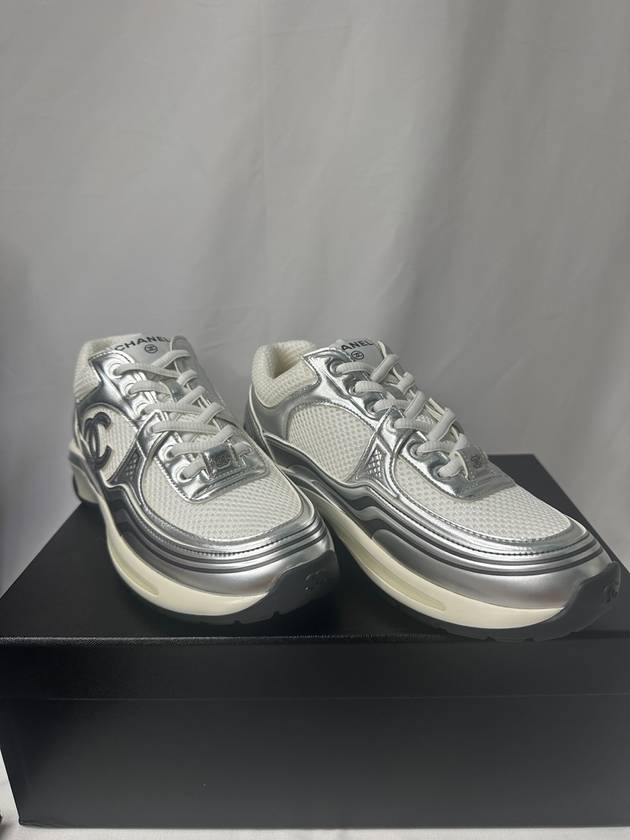 Fabric Laminated Low Top Sneakers Silver Chanel