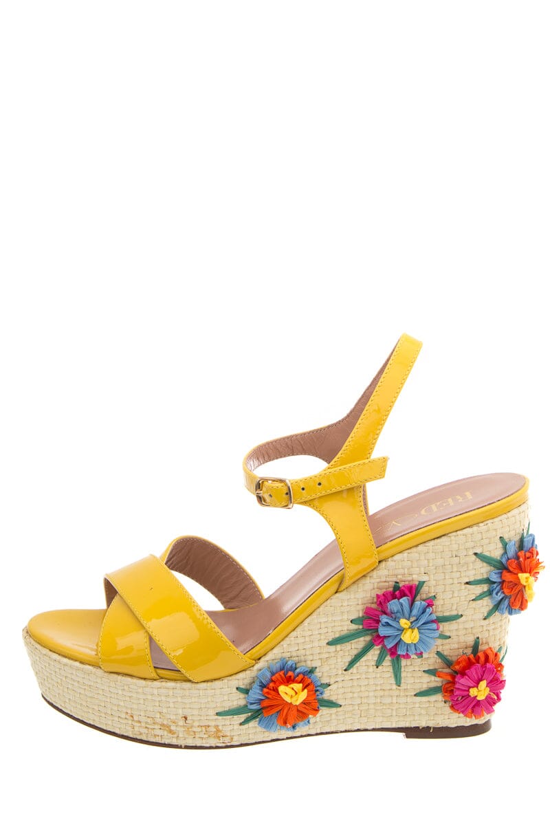 Red Valentino Yellow Patent Leather Jute Floral Wedge SZ 40