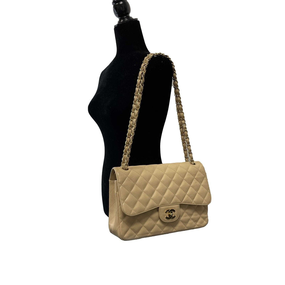 Chanel - Large CC Caviar Leather Double New Tan Shoulder Bag
