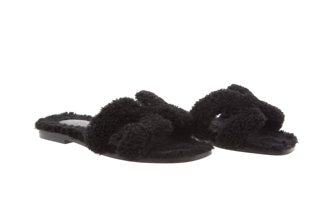 Hermès "Oran" Black Shearling Slides SZ 35