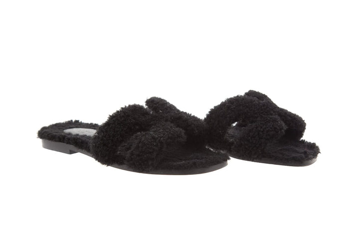 Hermès "Oran" Black Shearling Slides SZ 35