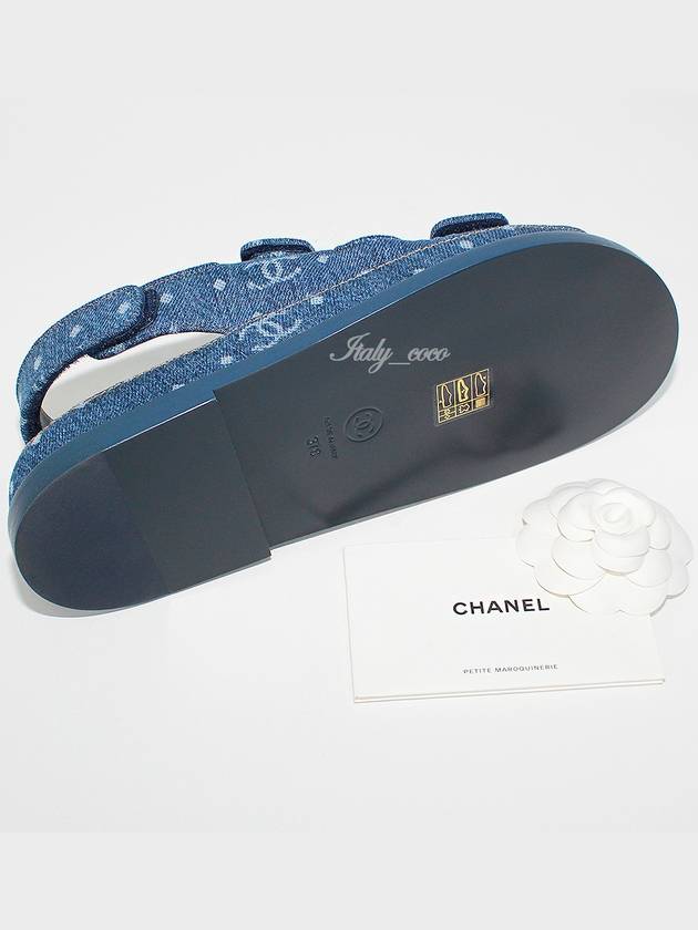 Printed Denim Velcro Sandals Blue Chanel