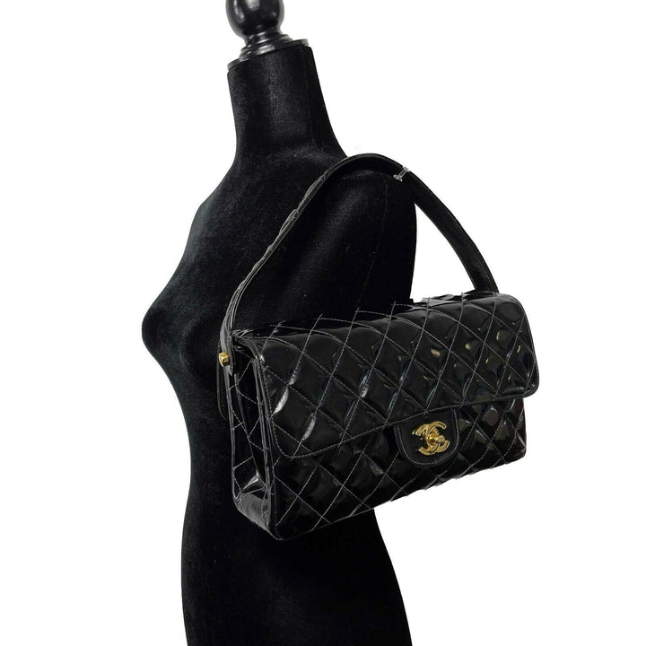 Chanel - VTG 1996 Medium Black Top Handle Kelly Medium New Bag - Patent Leather