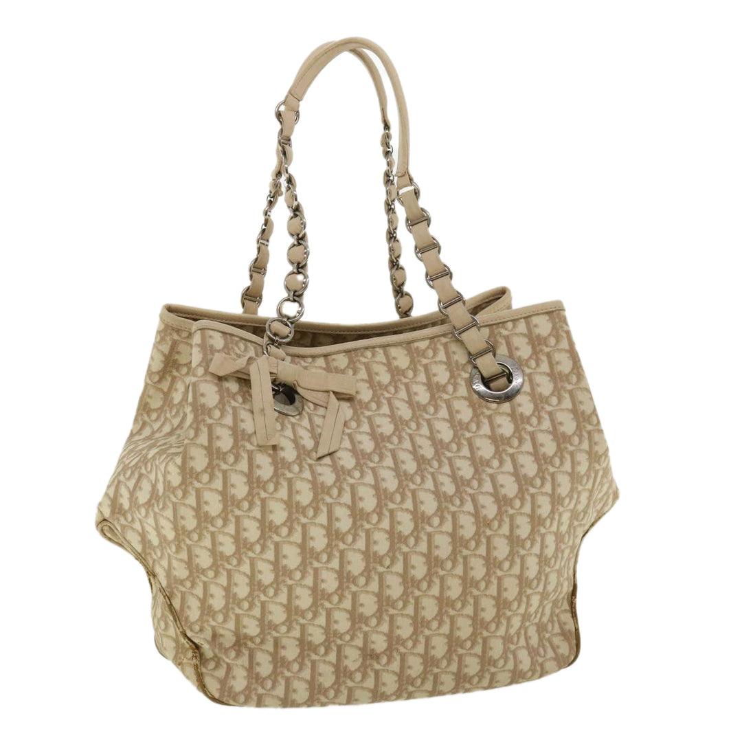 CHRISTIAN Top quality Dior Trotter Canvas Chain Tote Bag PVC Leather Beige Auth am3502