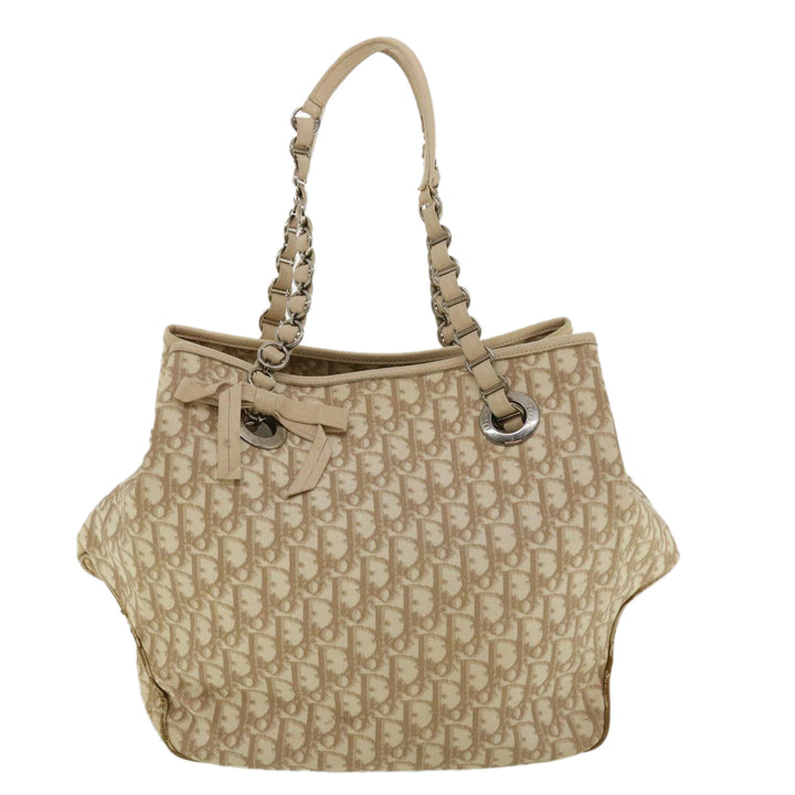 CHRISTIAN Top quality Dior Trotter Canvas Chain Tote Bag PVC Leather Beige Auth am3502