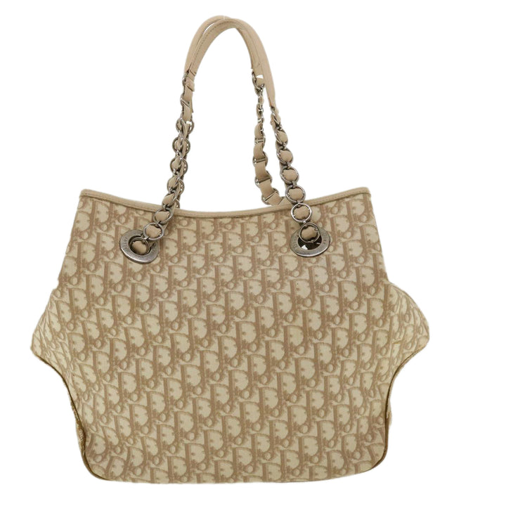 CHRISTIAN Top quality Dior Trotter Canvas Chain Tote Bag PVC Leather Beige Auth am3502