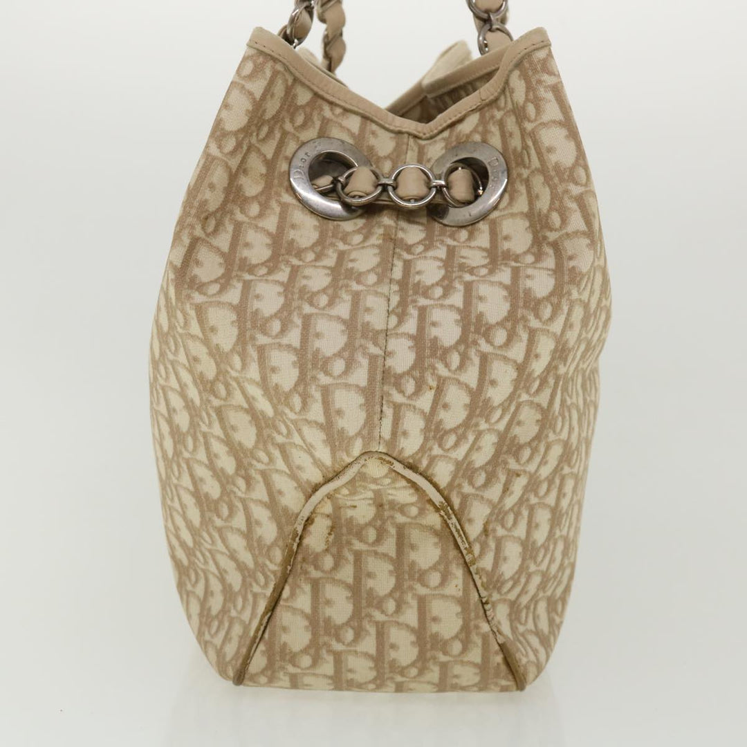 CHRISTIAN Top quality Dior Trotter Canvas Chain Tote Bag PVC Leather Beige Auth am3502
