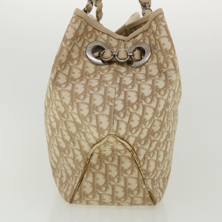 CHRISTIAN Top quality Dior Trotter Canvas Chain Tote Bag PVC Leather Beige Auth am3502