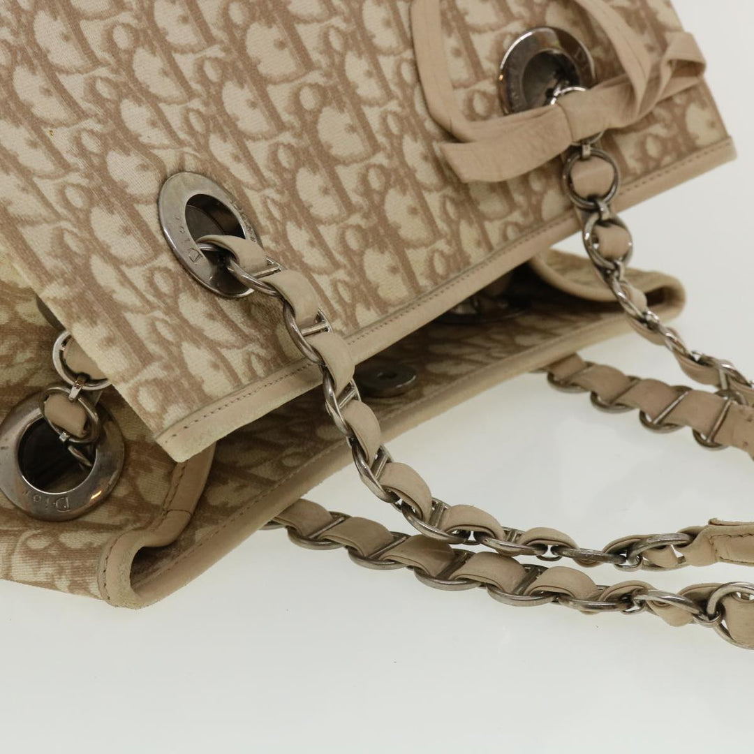 CHRISTIAN Top quality Dior Trotter Canvas Chain Tote Bag PVC Leather Beige Auth am3502