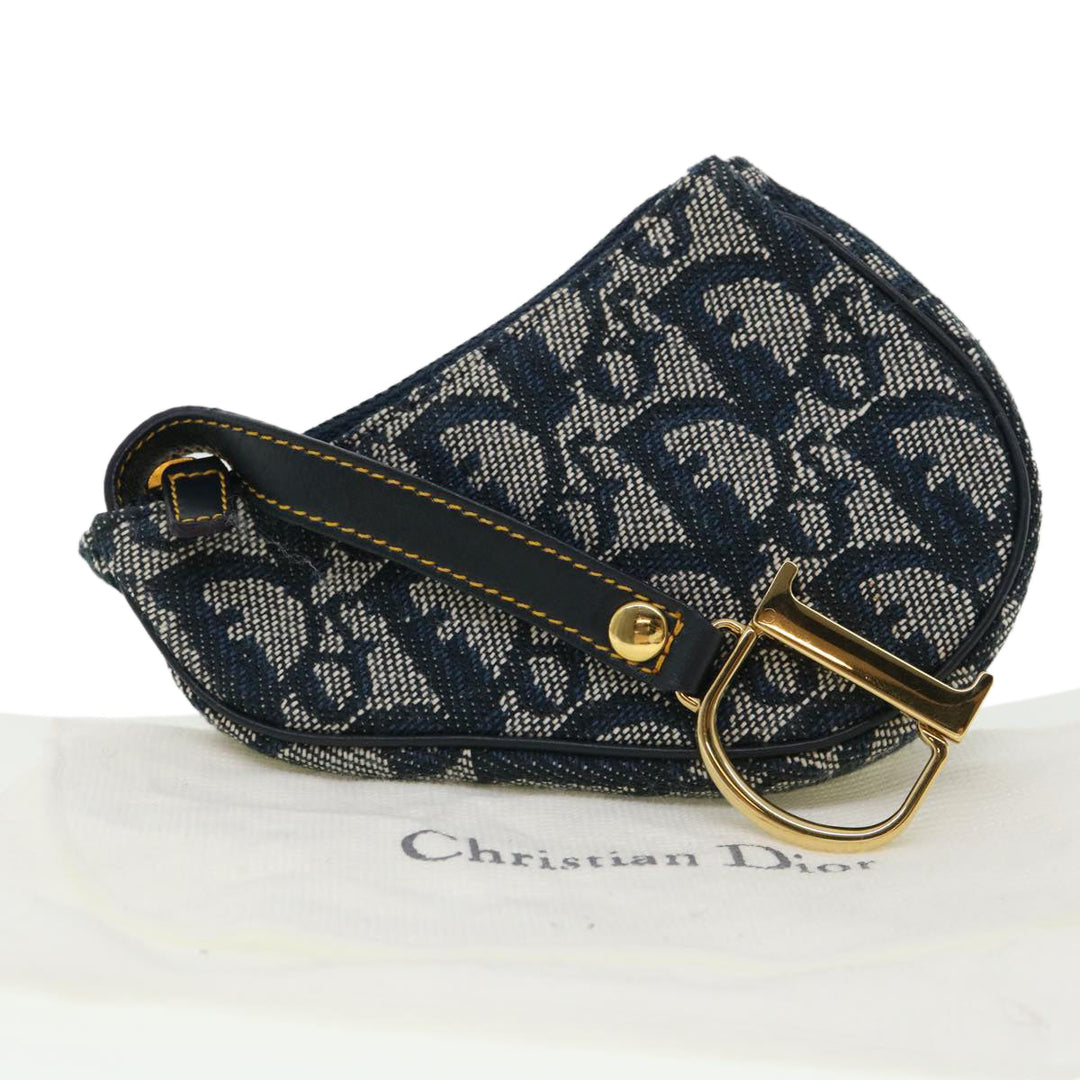CHRISTIAN Top quality Dior Trotter Canvas Saddle Coin Purse Navy Auth am3626