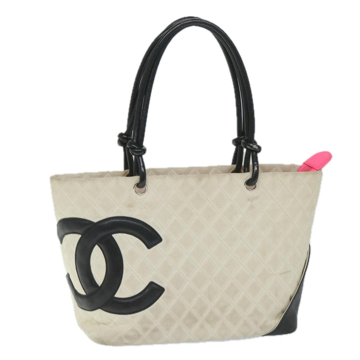 Chanel Cambon Line Tote Bag Leather White CC Auth am5180