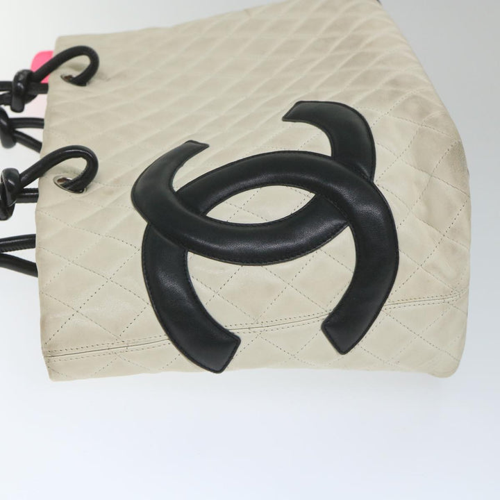 Chanel Cambon Line Tote Bag Leather White CC Auth am5180