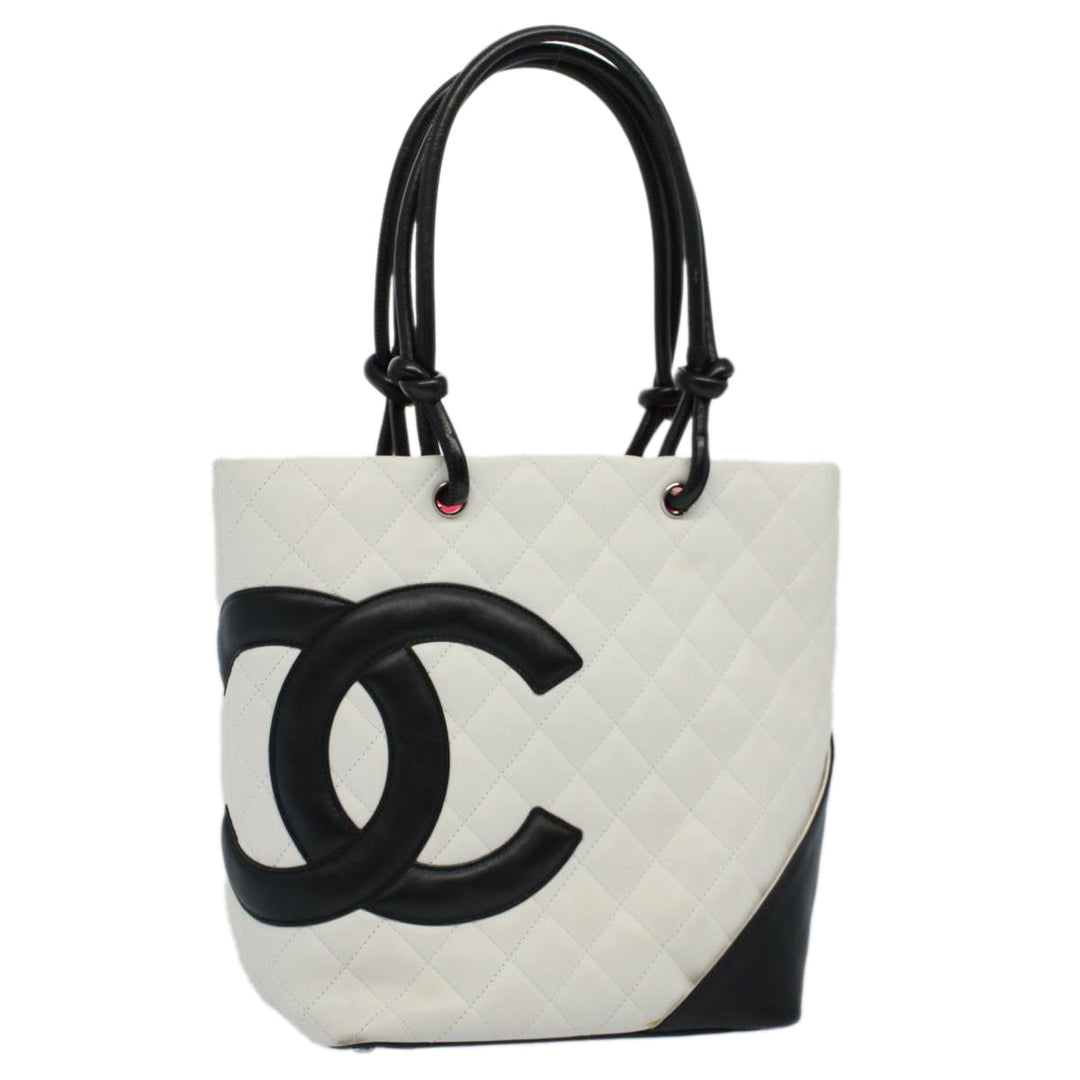 Chanel Cambon Line Tote Bag Leather White CC Auth am5197A