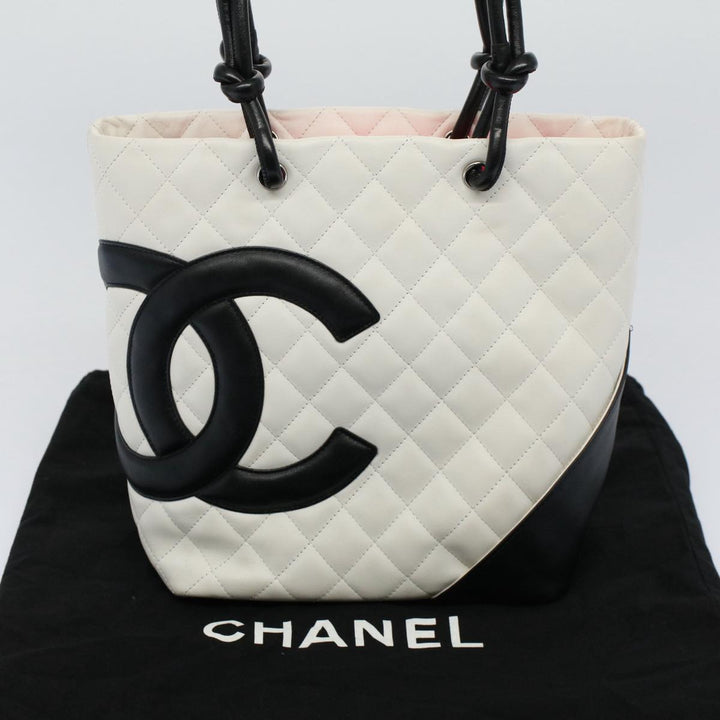 Chanel Cambon Line Tote Bag Leather White CC Auth am5197A