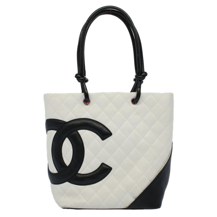 Chanel Cambon Line Tote Bag Leather White CC Auth am5197A