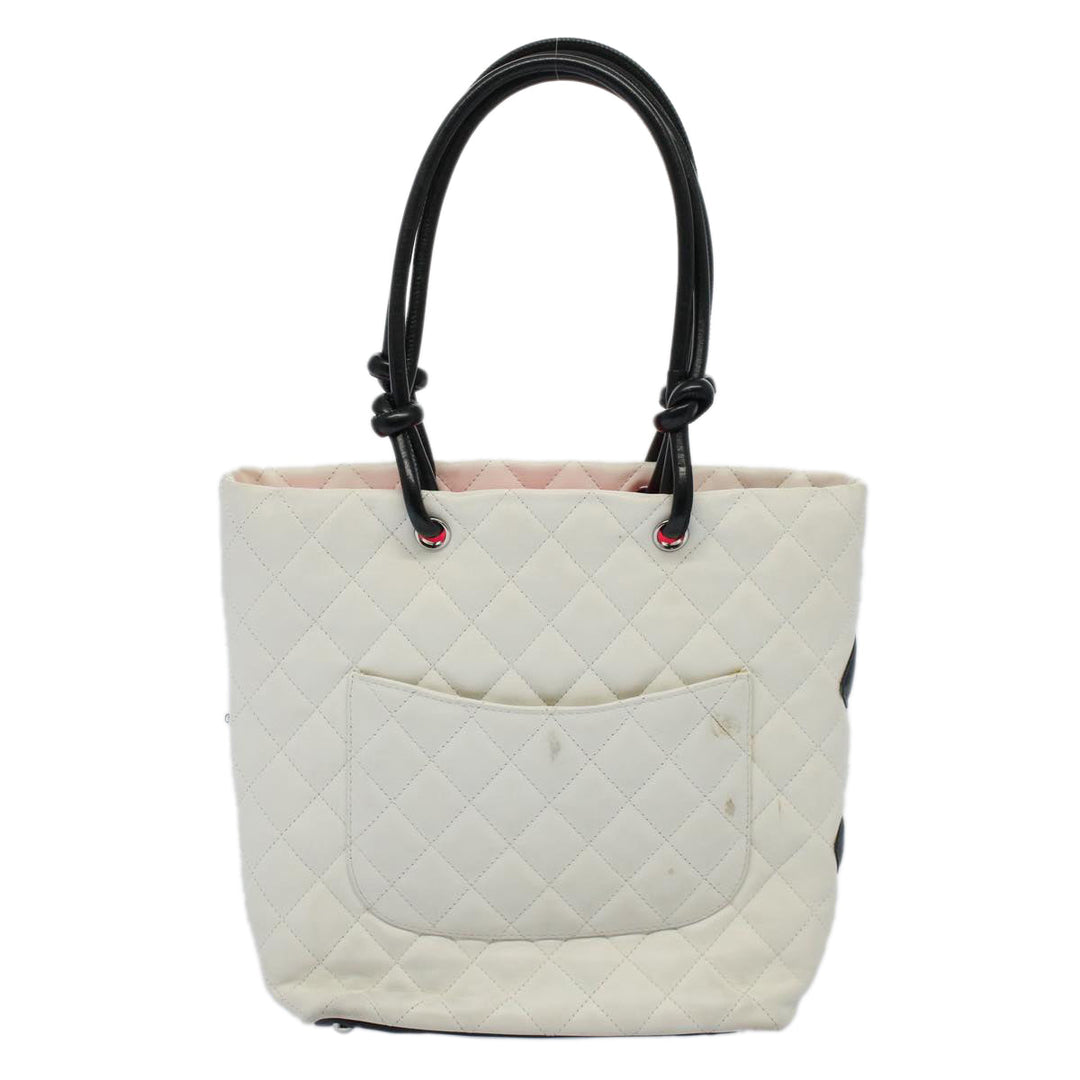 Chanel Cambon Line Tote Bag Leather White CC Auth am5197A