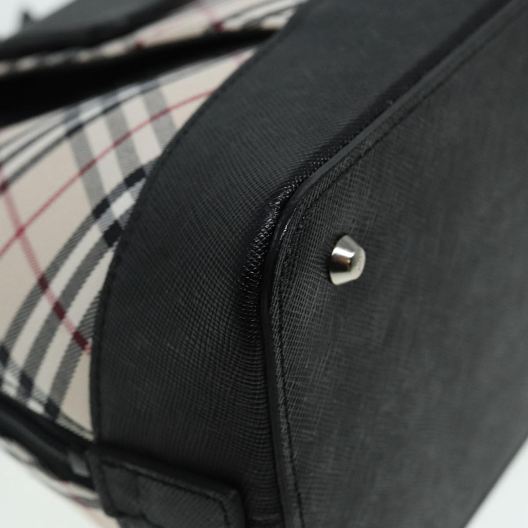 Burberry Nova Check Hand Bag Canvas Leather Beige Black Silver Auth am6793