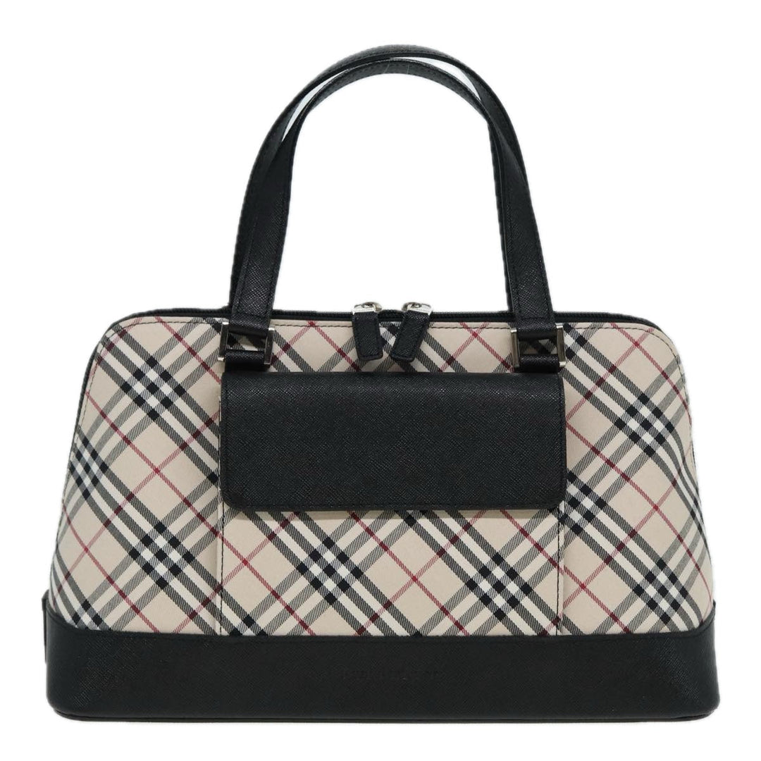 Burberry Nova Check Hand Bag Canvas Leather Beige Black Silver Auth am6793