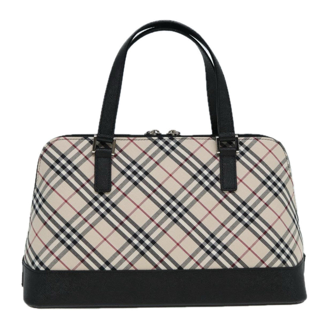 Burberry Nova Check Hand Bag Canvas Leather Beige Black Silver Auth am6793