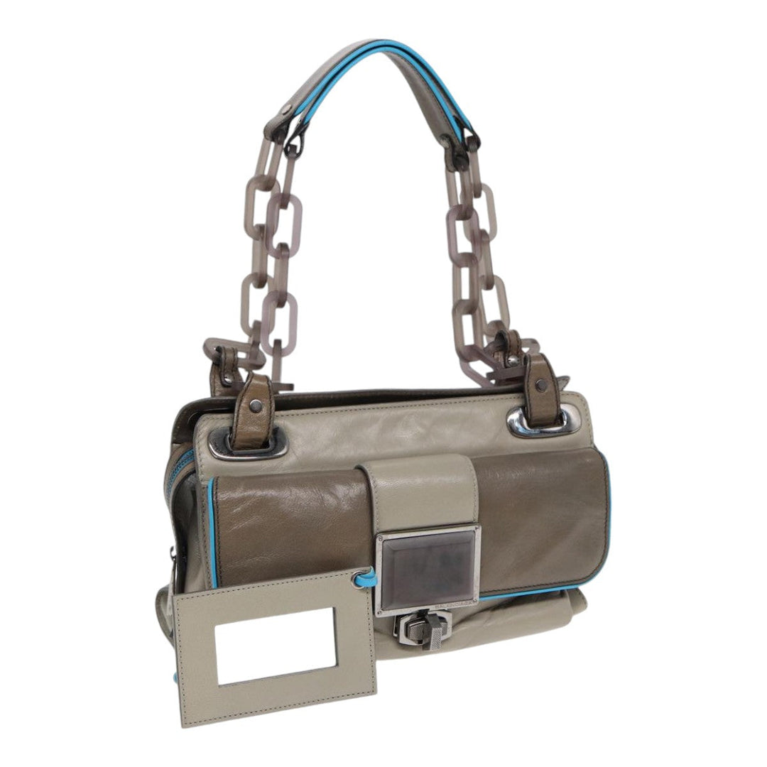 Top Quality Balenciaga Turn Lock Chain Shoulder Bag Leather Beige Gray Silver Auth am6814