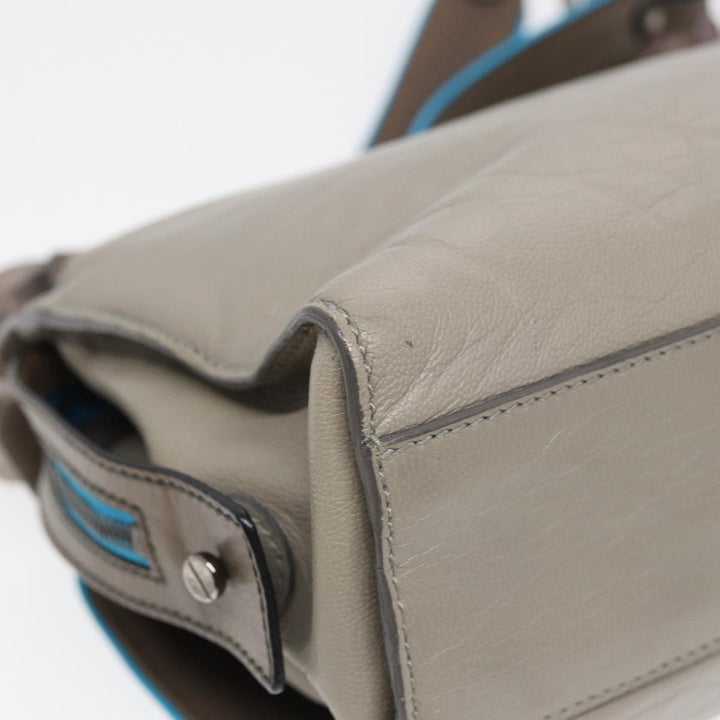 Top Quality Balenciaga Turn Lock Chain Shoulder Bag Leather Beige Gray Silver Auth am6814