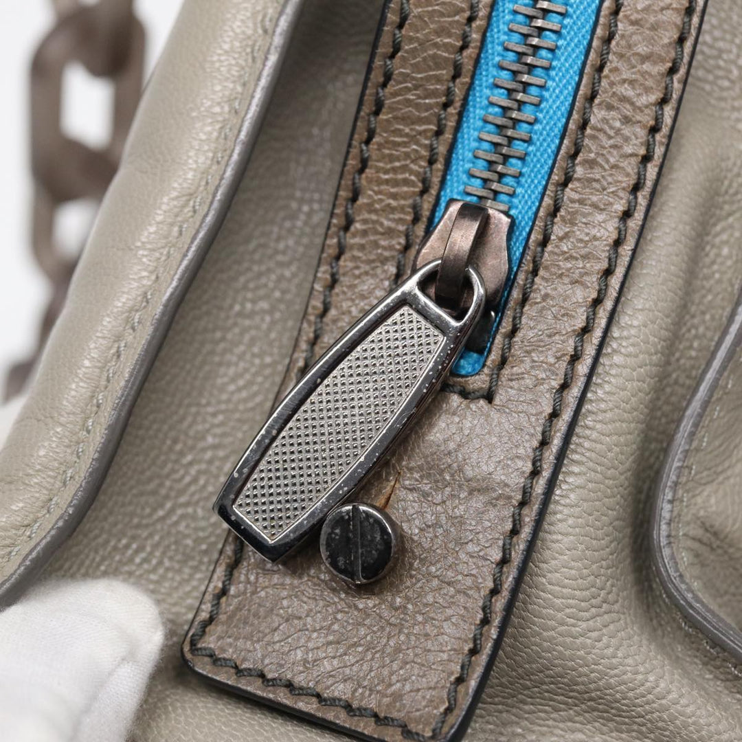 Top Quality Balenciaga Turn Lock Chain Shoulder Bag Leather Beige Gray Silver Auth am6814