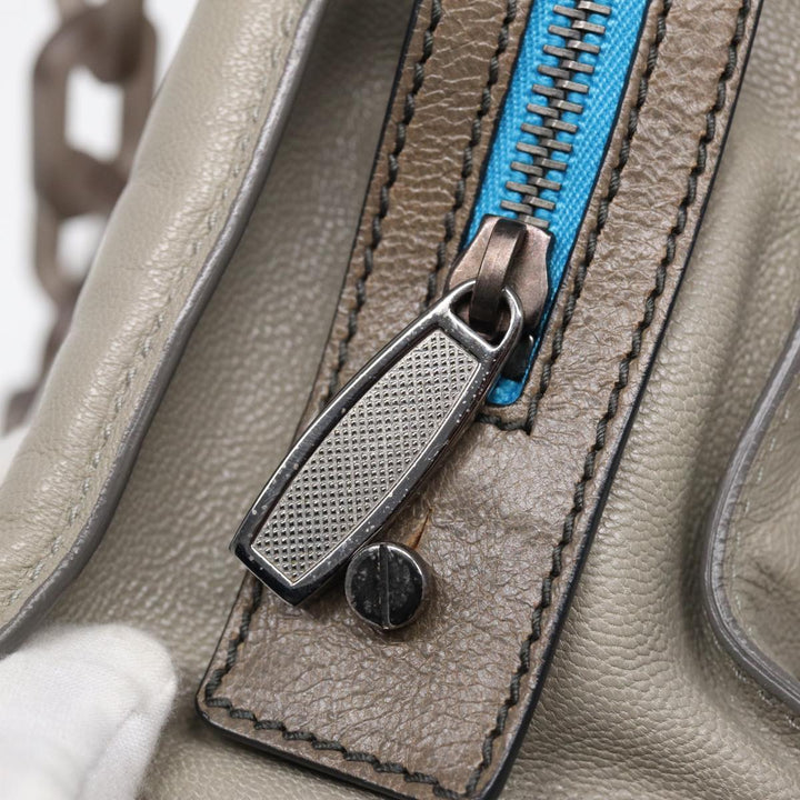 Top Quality Balenciaga Turn Lock Chain Shoulder Bag Leather Beige Gray Silver Auth am6814