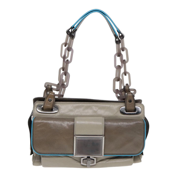 Top Quality Balenciaga Turn Lock Chain Shoulder Bag Leather Beige Gray Silver Auth am6814