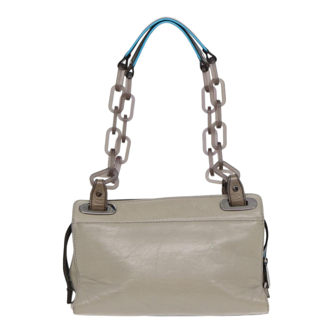 Top Quality Balenciaga Turn Lock Chain Shoulder Bag Leather Beige Gray Silver Auth am6814