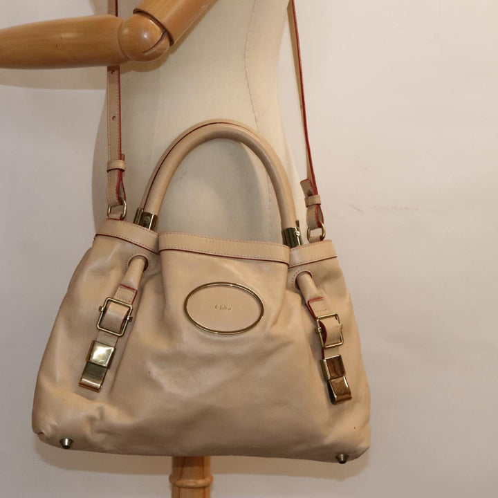 Chloe Victoria Hand Bag Leather 2way Beige am6850