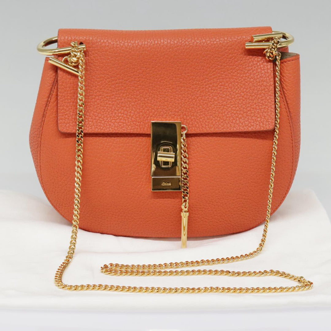 Chloe Chain Drew Shoulder Bag Leather Orange Gold am6946A