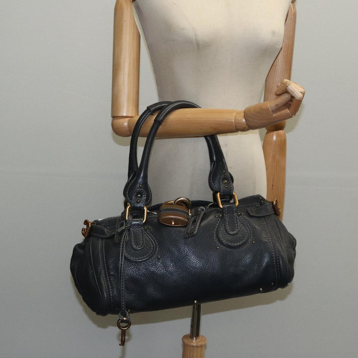 Chloe Paddington Hand Bag Leather Black Gold Silver am7076