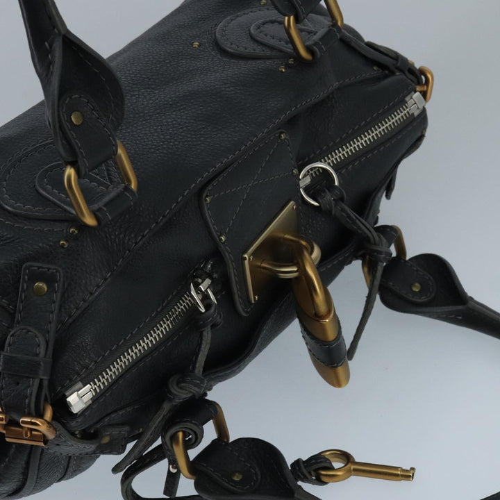 Chloe Paddington Hand Bag Leather Black Gold Silver am7076