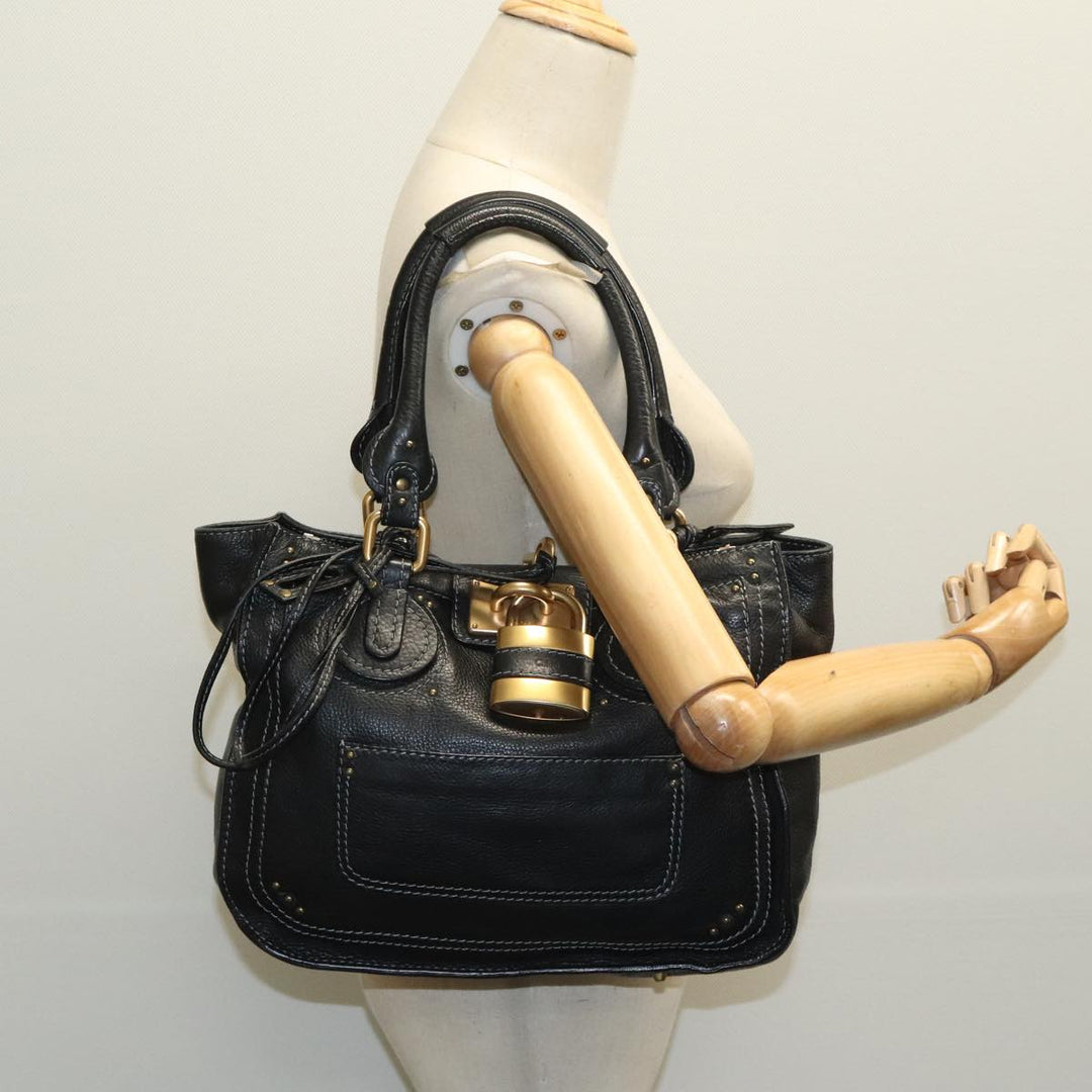 Chloe Paddington Hand Bag Leather Black Gold Silver am7077