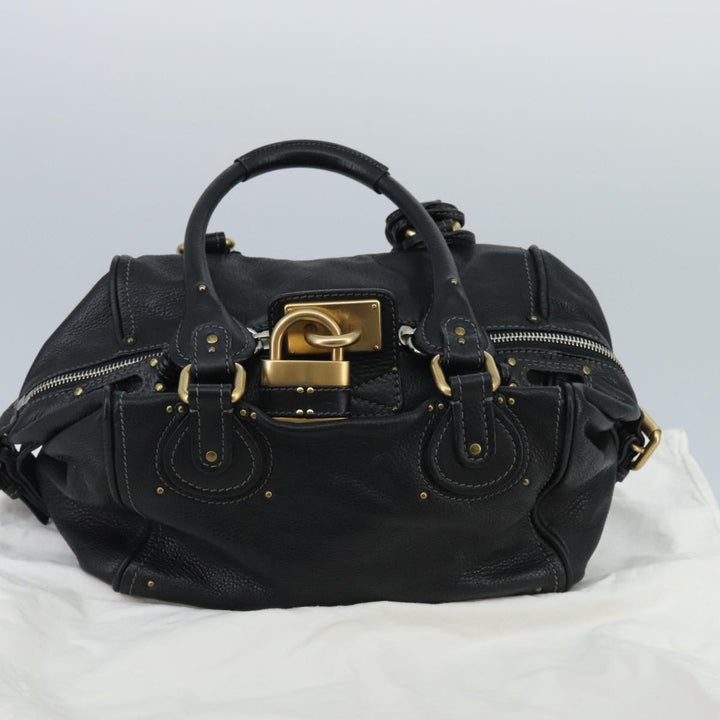 Chloe Paddington Hand Bag Leather Black Gold Silver am7153
