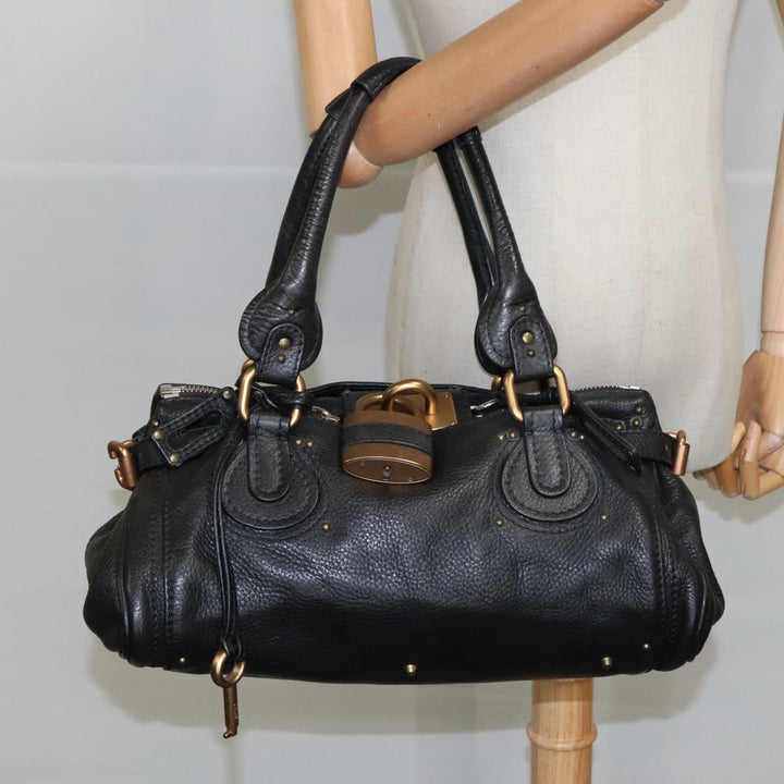 Chloe Paddington Hand Bag Leather Black Gold Silver am7211