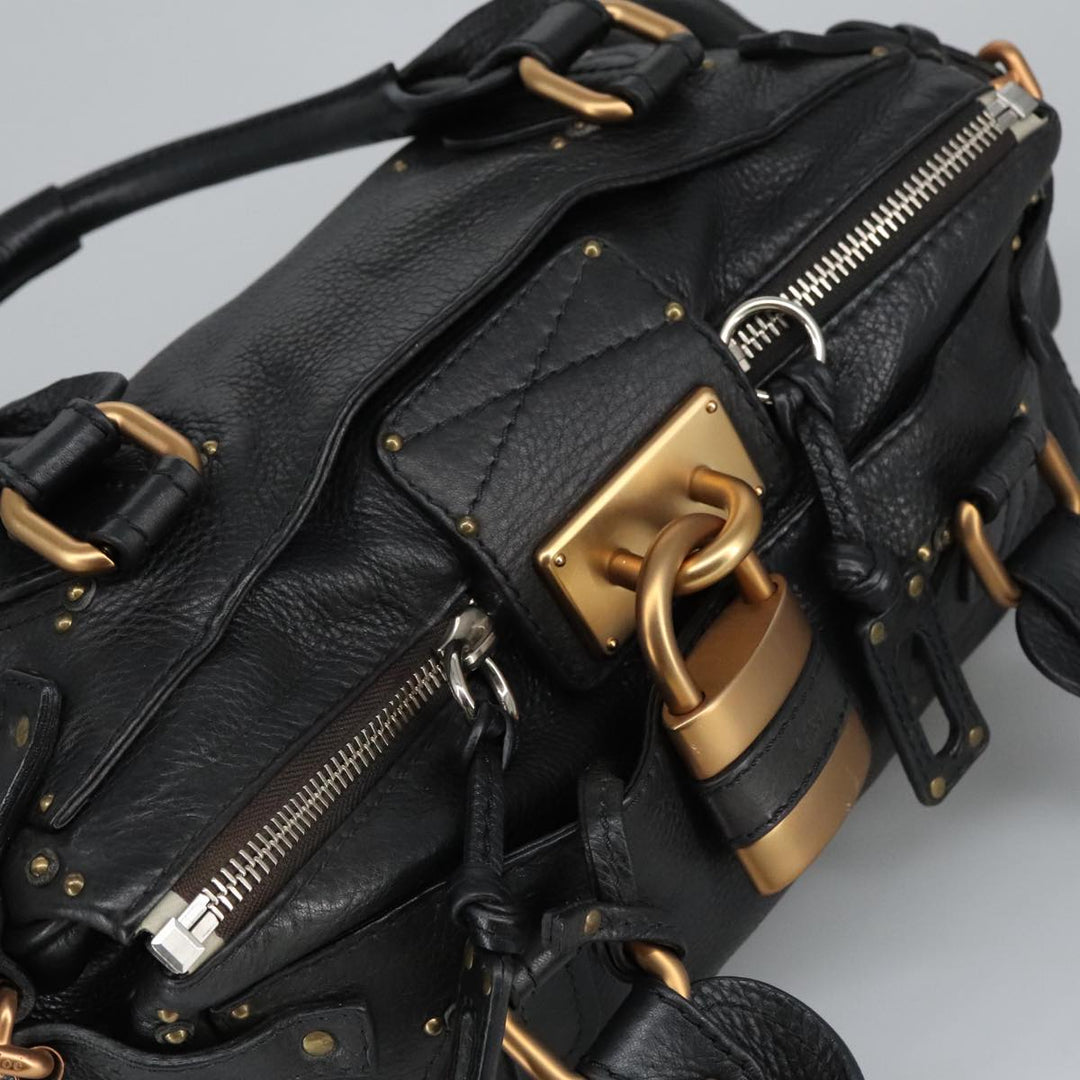 Chloe Paddington Hand Bag Leather Black Gold Silver am7211