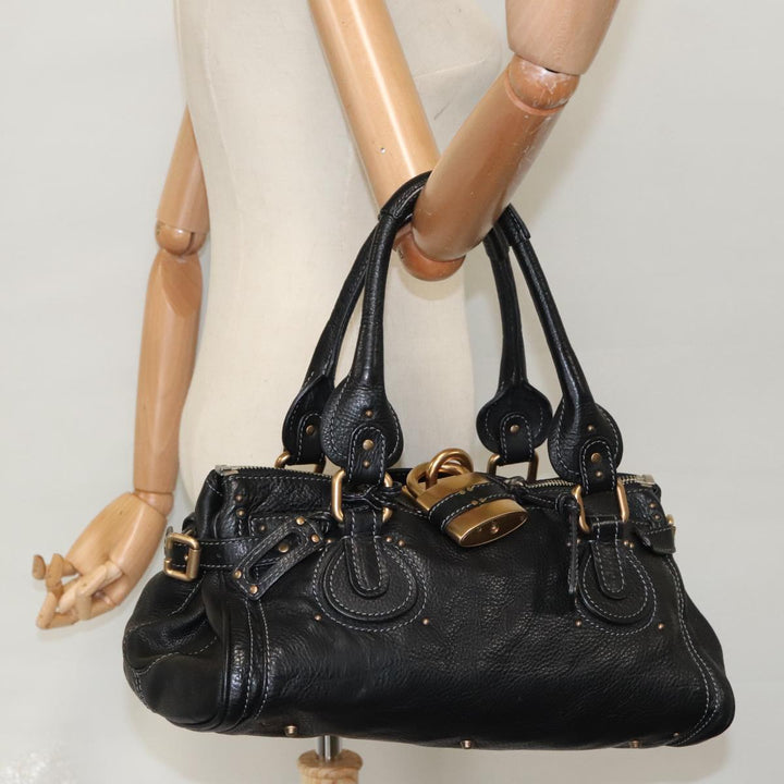 Chloe Paddington Hand Bag Leather Black Gold Silver am7252
