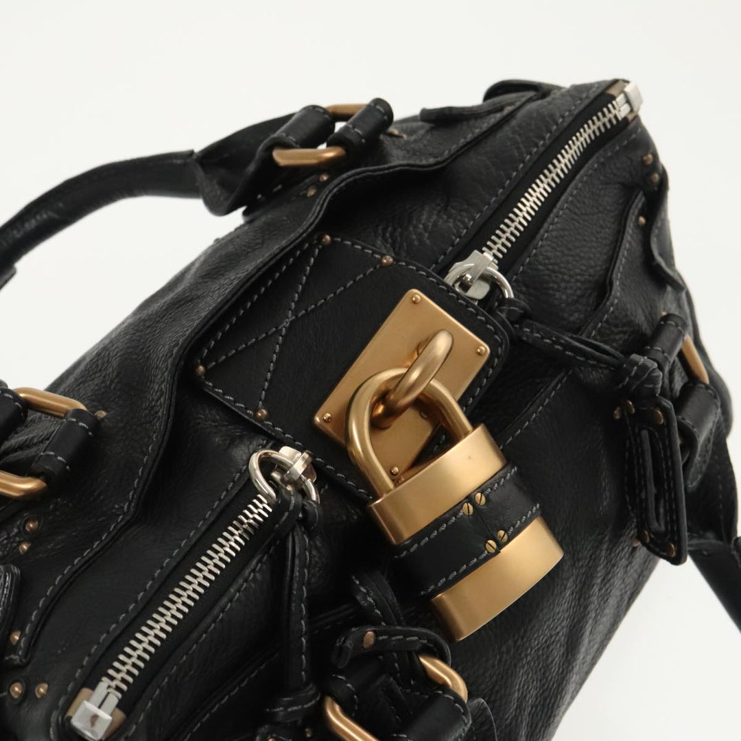Chloe Paddington Hand Bag Leather Black Gold Silver am7252